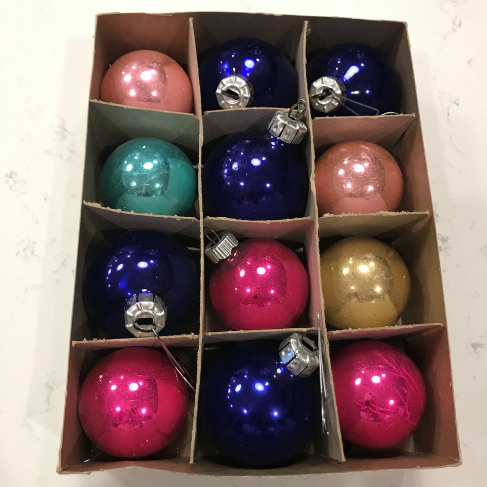 12 Vintage Colored Shiny Brite Mercury Glass Round Bulb Ornaments